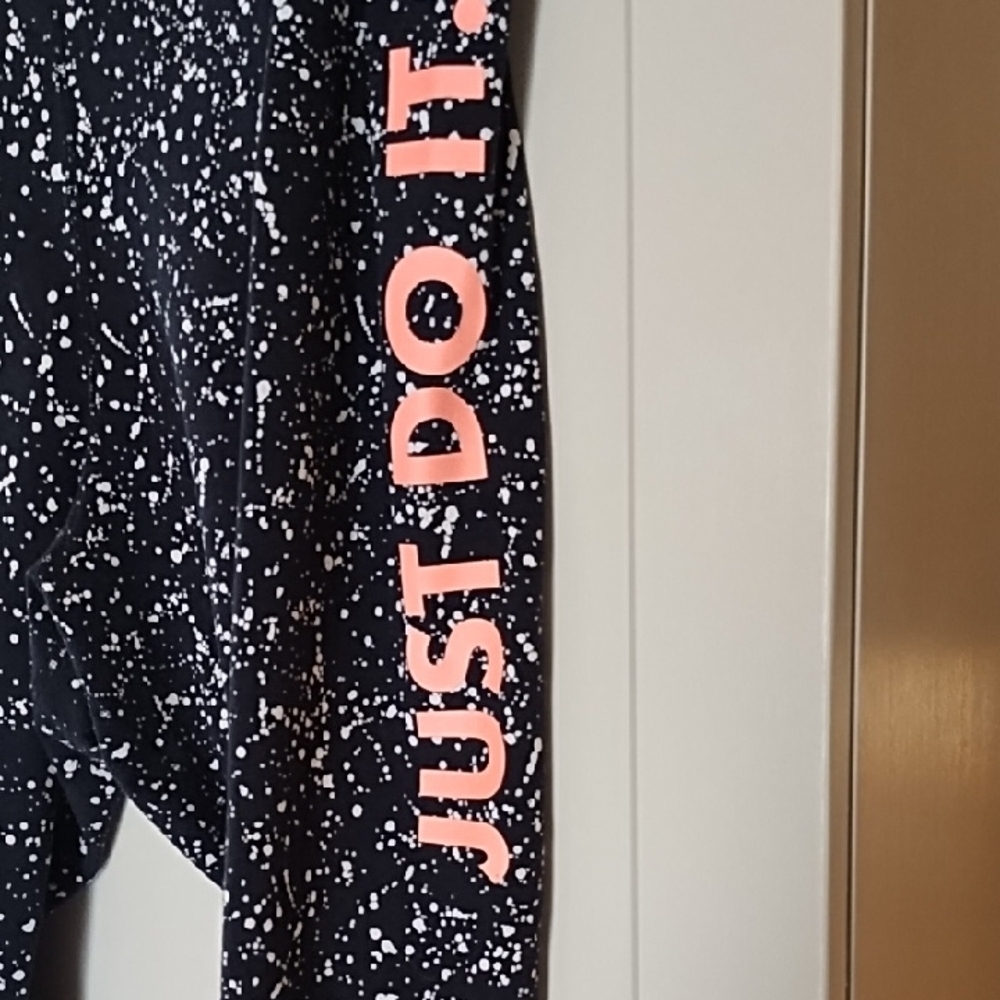 Nike Womens Black Speckle Leggings with Pink Logo and Light Blue Swoosh - Picture 2 of 4